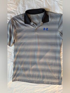 Under Armour Men’s Striped Polo Shirt XL Gray Blue Golf Performance